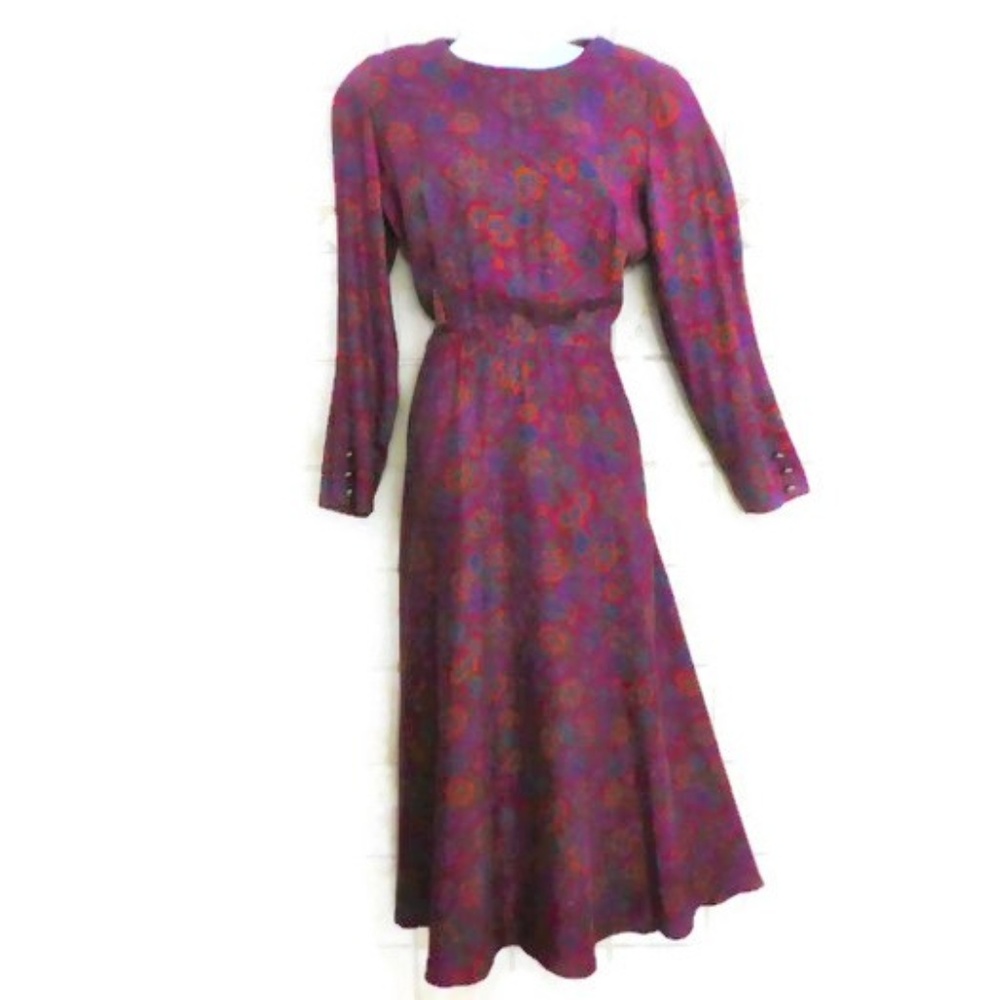 Vintage Dress Long Floral Modest Back Zip Flare Shoulder Pads Pockets L - Picture 4 of 8